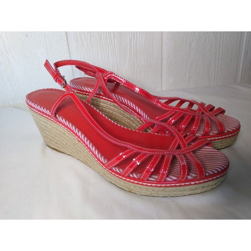 Etienne Aigner Sandal Women 10 Red White 3" Wedge Heel Espadrille Stripe Strappy